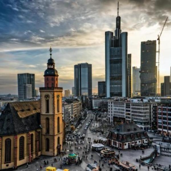 city view with office towers and church